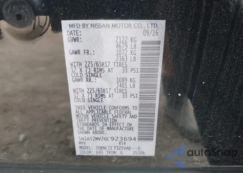 2016 Nissan Rogue Sv z USA, uszkodzony, nr VIN 5N1AT2MV2GC923694